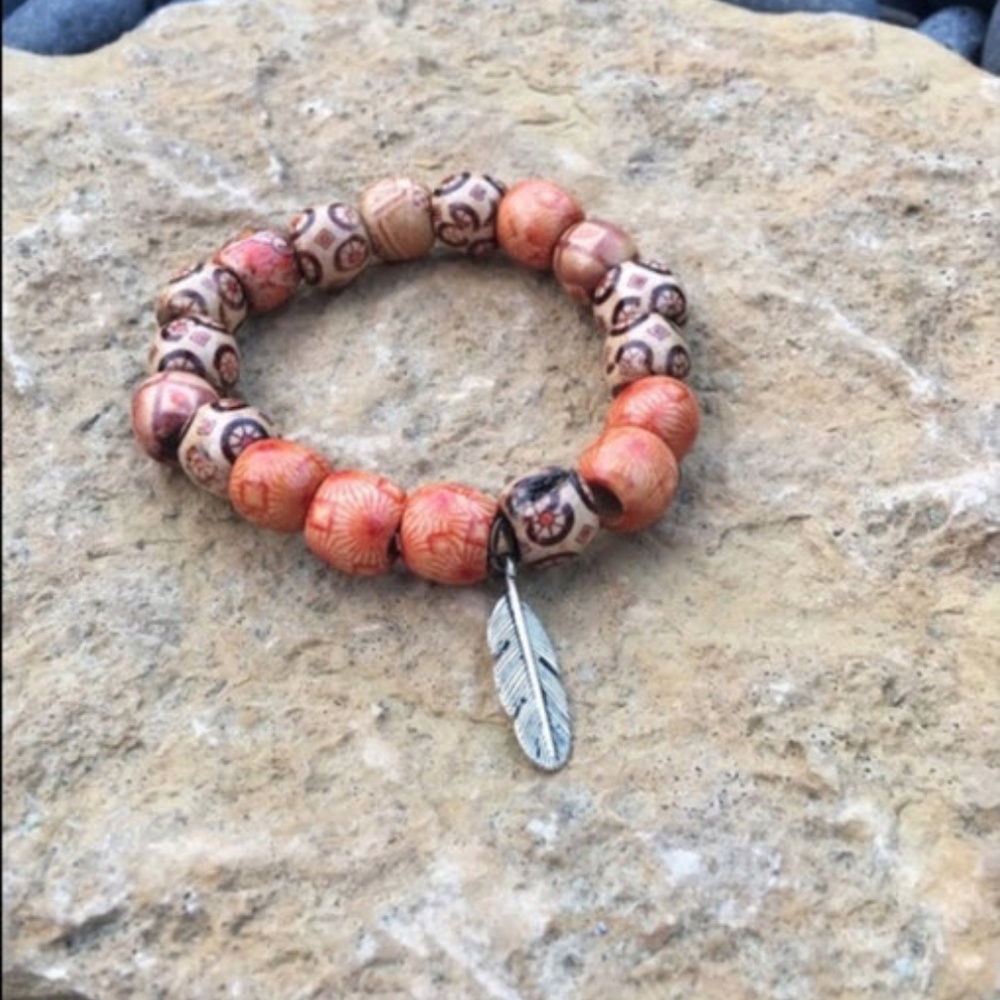 Painted Wood Boho Bracelet w/feather charm - Picture 2 of 3